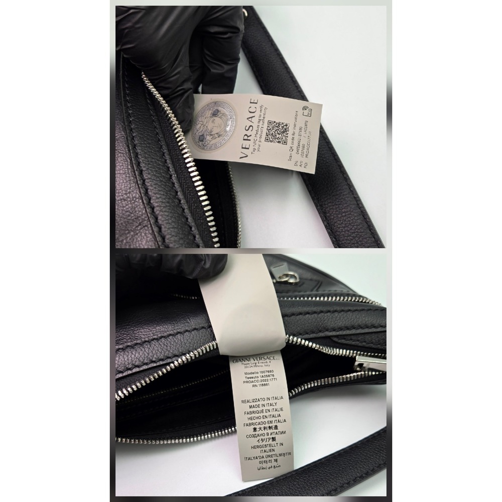 NWT Versace Repeat Small Hobo Bag Black Leather Medusa Biker Zipper - Picture 4 of 10
